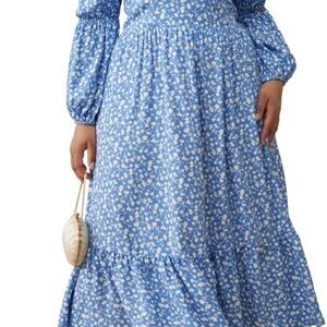 Reformation Blue Smocked Tiered Sundress with Bishop Sleeves